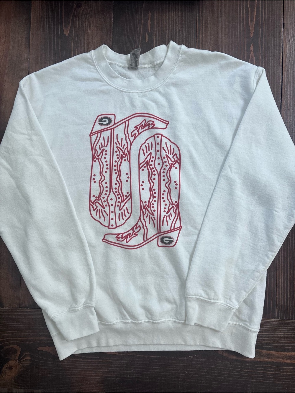 Gildan White Crewneck Sweatshirt with Red Cowboy Boot Graphic